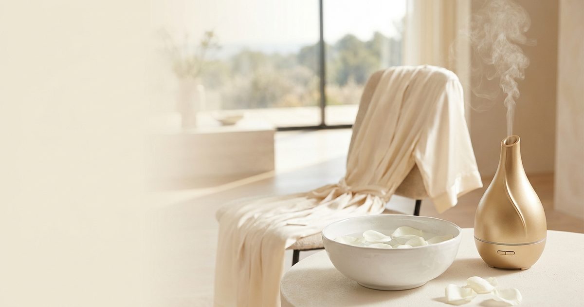 Ambiente de spa preparado em casa com difusor dourado e roupão — Veritá Care Campinas