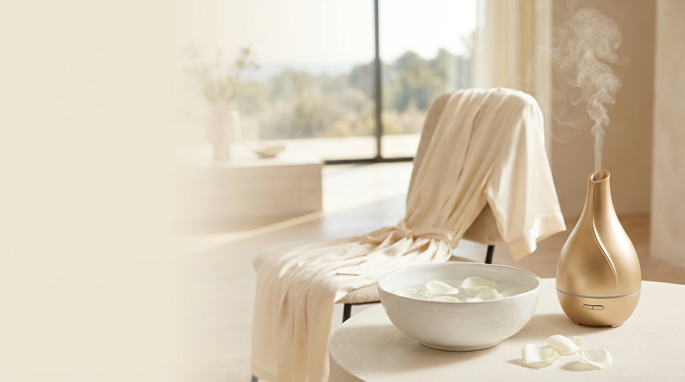 Ritual Serenidade — Ambiente spa com diffusor dourado e maca preparada